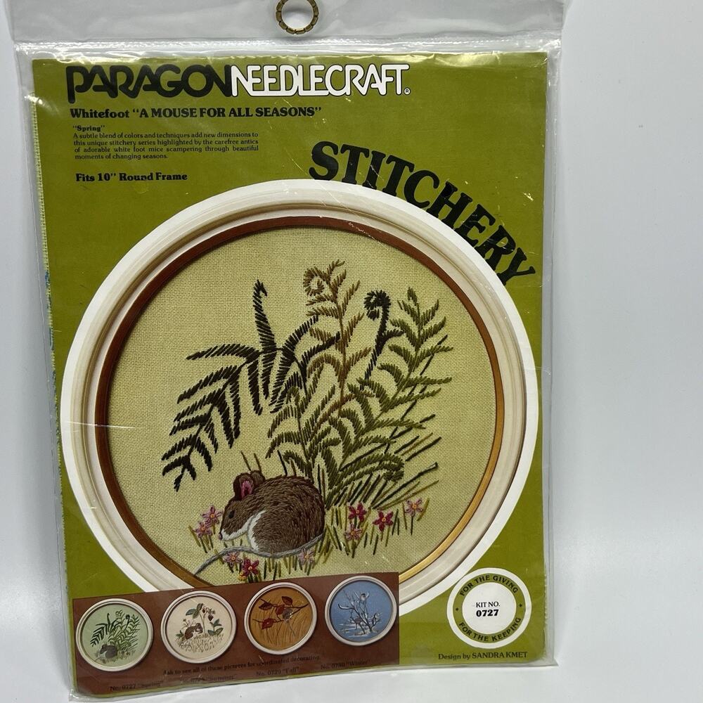 Vtg 1978 Paragon Crewel Kit Mouse For All Seasons Ferns Spring 10" Round 0727